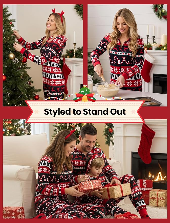 PATPAT Matching Family Christmas Onesie Pajamas – Holiday Hooded Jumpsuit Sleepwear PJs Couples Xmas Loungewear with Socks