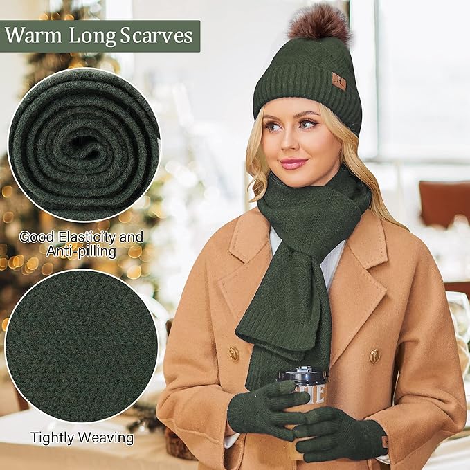 Womens Winter Warm Knit Beanie Hat Long Scarf Touchscreen Gloves Set with Fleece Lined Pom Skull Cap Gifts for Women