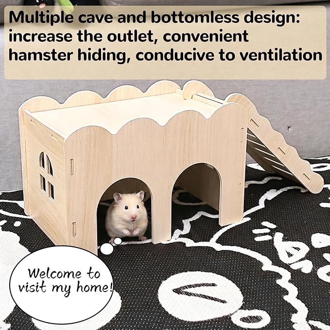 2 PCS Wooden Hamster Hideout Multi-Chamber Tunnel Hamster House Hiding Maze Platform Stuff Exploring Toy Cage Accessories for Gerbil Rat Mice