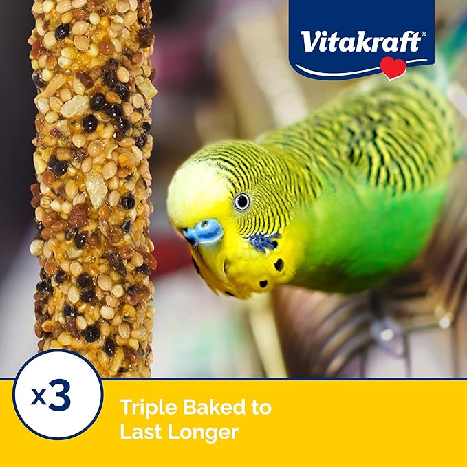 Vitakraft Crunch Sticks Parakeet Treat – 2 Sticks – Sesame and Banana Flavor - Triple Baked with Natural Wood Chew Center - Added Vitamins and Minerals with Cage Clip Holder