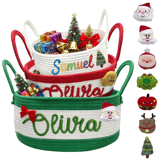 Personalized Christmas Knit Basket Custom Baby Gift Basket with Name Cotton Rope Storage Organizer Gift for Newborn Girls Boys