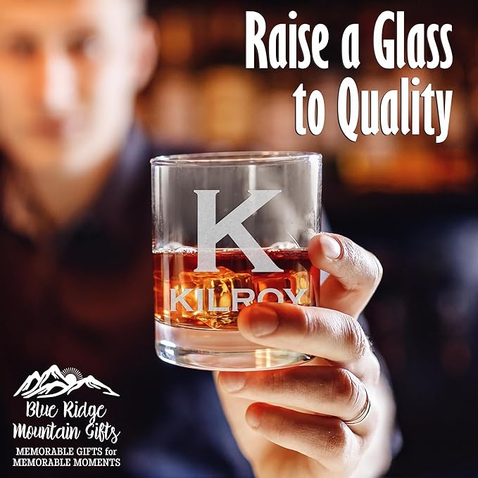 Blue Ridge Mountain Gifts - Custom Engraved Whiskey Glass - 11 oz Personalized Tumbler with Modern Monogram & Last Name - Classic Barware for Weddings, Groomsmen, Anniversaries & Father’s Day (2)