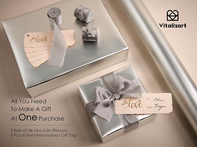 Vitalizart Silver Matte Metallic Wrapping Paper Set 30" With Silk Satin Ribbon & Gift Tags Christmas Gift Wrapping Birthday Baby Shower Wedding Bouquets Handmade Crafts 197"(16.4 Ft) Silver Ribbon