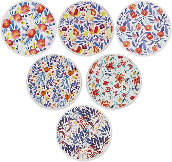 AD Set of 6 Coasters for Drinks Absorbing Round Ceramic Stone Coaster with Cork Base Tabletop Protection Mat for Mugs and Cups,Office,Kitchen (Watercolor Flowers with Holder)