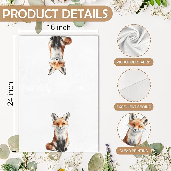 Funny Fall Fox Kitchen Towels and Dishcloths Sets of 2, Fox Decor Stuff Gifts, Woodsy Rustic Cabin Lodge Forest Nursery Home Hunting Decor Dish Hand Tea Towels for Bathroom Kitchen, 16x24Inch