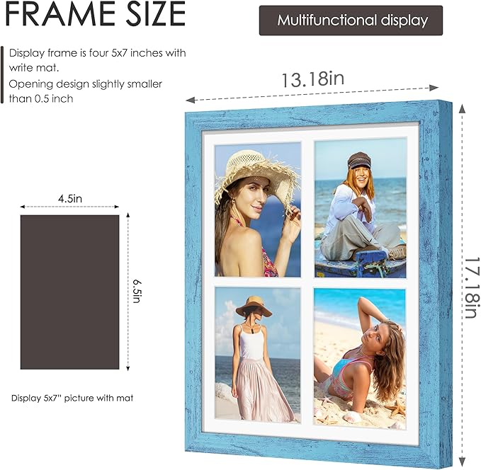 12x16 Picture Frame 5x7 Collage Picture Frame Displays Four 5x7 inch Photos or 12x16 (Without Mat) for Available Horizontal Wall Mounting Display and Vertical Blue
