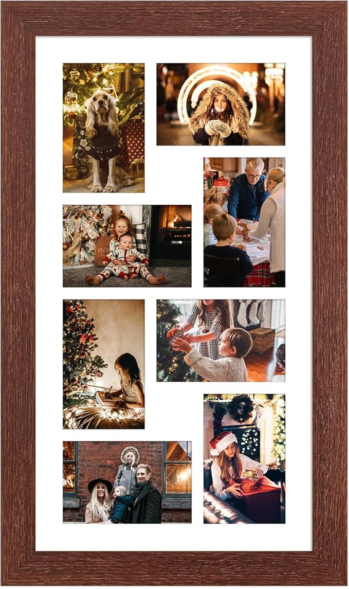 11.8x21.8 Picture Frame Display 8 opening 4X6 Picture Frame Collage,Multi Photo Frame with Mat,Plexiglass,Wall or Tabletop Decor,Walnut Wood Grain