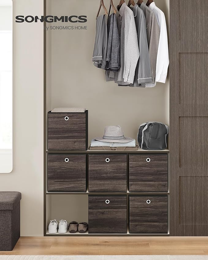 SONGMICS Storage Cubes, Set of 6 Storage Bins with Handles, Foldable Oxford Fabric and Non-Woven Fabric Storage Boxes, 13 x 13 x 13 Inches, Fit Cube Storage Unit, Chestnut Brown URFB133K01