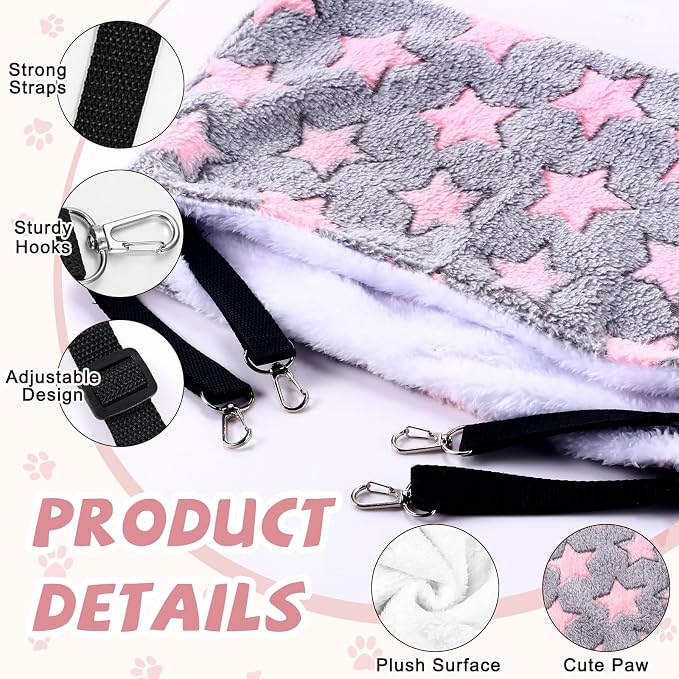 Geelin 4 Pcs Cat Hammock Hanging for Cage Bed, Large Star, 16 x 20 Inch | Reversible Soft Pet Sleeping Hammocks with Adjustable Strap, Metal Hook, for Cat, Ferret, Puppy, Rabbit, Kitten, Small Animal