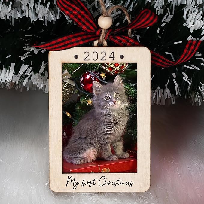 Christmas Photo Frame Ornament, 2025 Ornament, Wooden Picture Frame Ornaments With Hanging String (Cat)