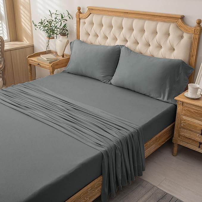 PURE ERA Jersey Knit 4pc Bed Sheet Set 100% T-Shirt Cotton Super Soft Comfy Breathable Fits Mattress Up to 20" Extra Deep Pocket (Solid Dark Greenish Gray, King)