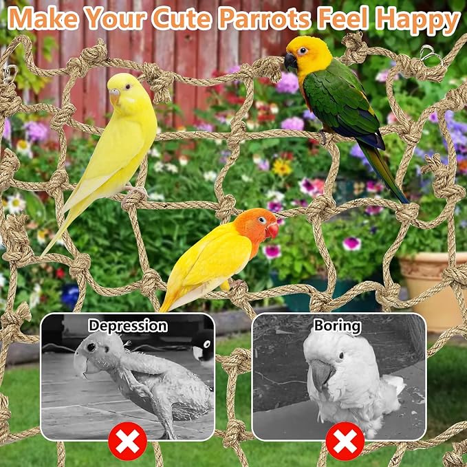 Tfwadmx Natural Bird Rope Net, Large Size - 24''X24'' Parrot Swing Hammock, Bird Climbing Ladder Hanging Cage Perch Chew Toys for Budgies Macaw Conure Finch Cockatoo Budgie African Grey Parakeet