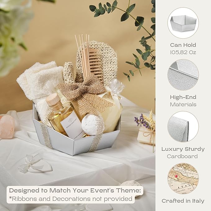 Pack of 5 Sturdy Empty Gift Baskets Made in Italy - Ideal for Baby Shower, Wedding and for Any Occasion - 8" x 6.69" x 2.75" Silver