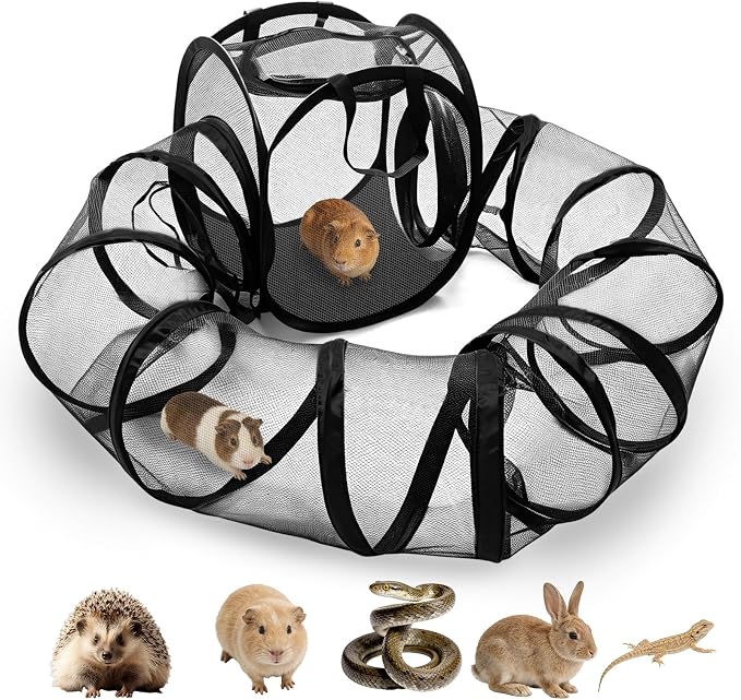 Small Animal Playpen with Surround Tunnel, Portable Foldable Outdoor Guinea Pigs Playpen with Carrying Handle, Breathable Mesh Playpen for Kitten, Hedgehog, Snake, Rabbit, Lizard, Small Pets