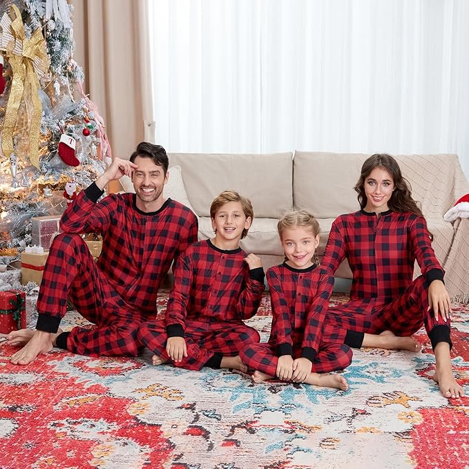 Matching Family Christmas Onesie Pajamas, Buffalo Plaid One-Piece Sleepwear Holiday Loungewear w Zipper