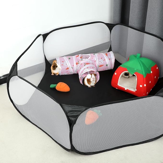 Rypet Guinea Pig Tunnel Hideout 3-Way Collapsible Pet Tubes, Carrot Pink | 3 Way Design for Exploration, Collapsible for Easy Storage, Built-in Play Ball, Hiding & Resting for Hamsters Ferrets