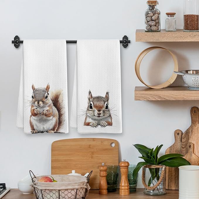 Funny Fall Squirrel Kitchen Towels and Dishcloths Sets of 2, Squirrel Decor Gifts, Woodsy Rustic Cabin Lodge Forest Nursery Home Decor Dish Hand Tea Towels for Bathroom Kitchen, 16x24 Inches