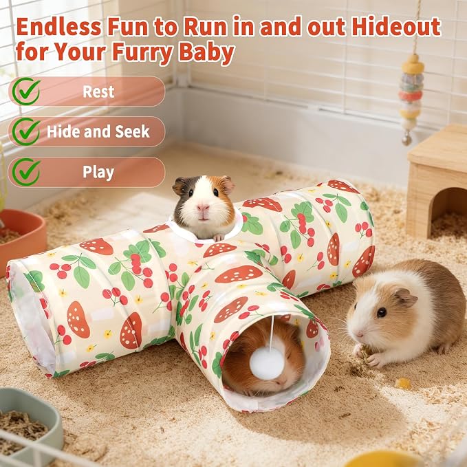 Rypet Guinea Pig Tunnel Hideout 3-Way Collapsible Small Pet Tubes, Cherry | 3 Way Design for Exploration, Collapsible for Easy Storage, Built-in Play Ball, Hiding & Resting for Hamsters Ferrets