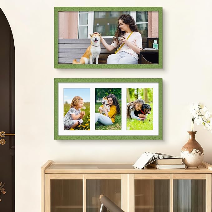 8x14 Collage Picture Frame 4x6 Collage Picture Frame Displays Three 4x6 inch Photos or 8x14 (Without Mat) for Available Horizontal Wall Mounting Display and Vertical Green