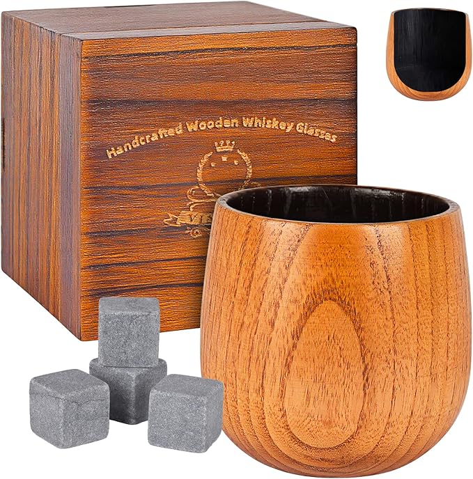 Charred Whiskey Glass Wooden Bourbon Glass Handcrafted 10oz Whiskey Tumbler Old Fashioned Glass Great Whiskey Gifts For Men Husband Dad Brother Birthday Christmas Father's Day Retirement