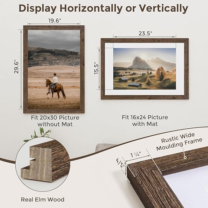 Fun Memories 20x30 Picture Frames, 20"x30" Poster Frame for Wall, 20 x 30 Rustic Wood Frame with Real Tempered Glass, Display Poster 16x24 with Mat or 20 x 30 Without Mat, Walnut, 1 Pack