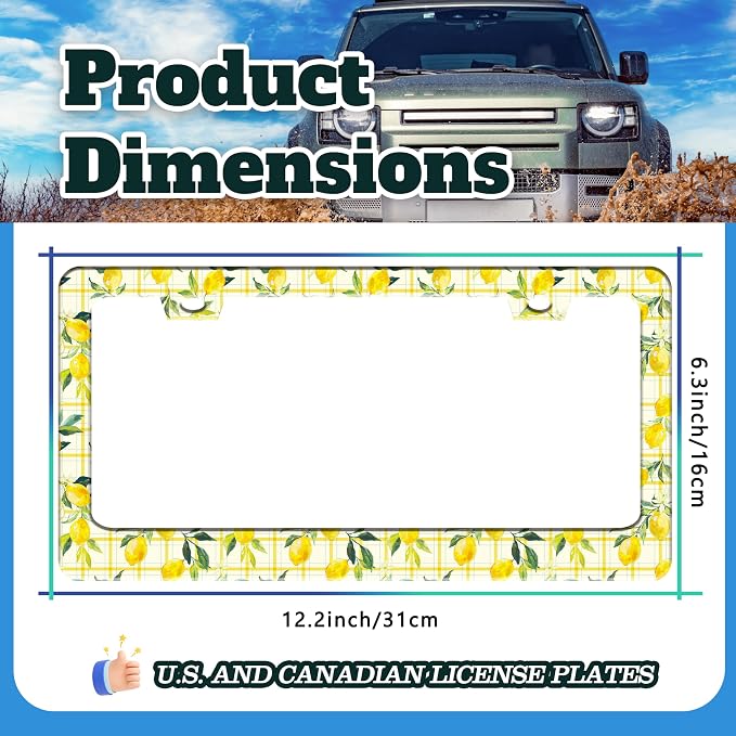 Yellow Lemon Fruit License Plate Frame Stainless Steel 6.3 X 12.2 Inch | Fits US Standard With Screws Rust Resistant For Car Front Rear Decoration Accessories Easy Installation For Cars SUV Truck