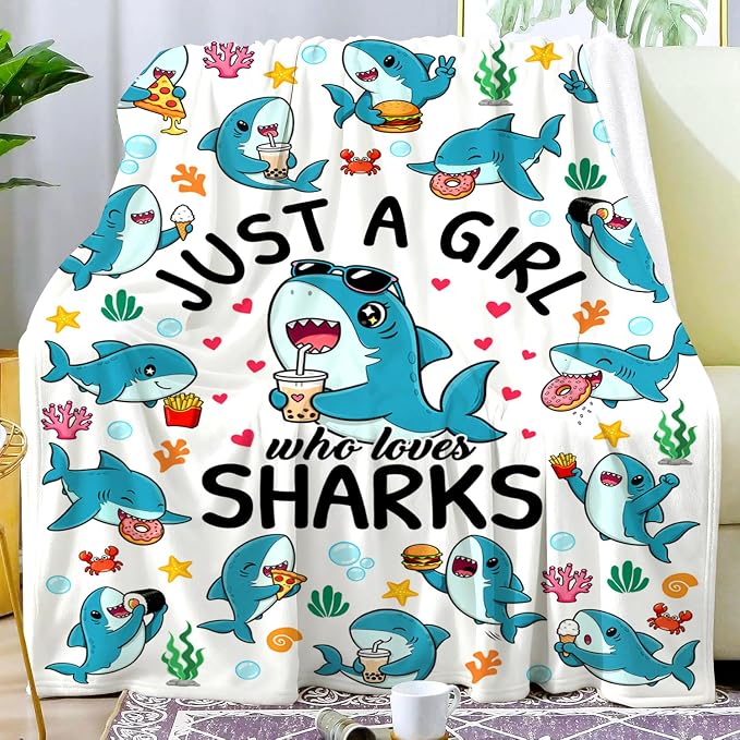 Shark Gifts Blanket for Women Girls Just A Girl Who Loves Sharks Blankets and Throws Stuff Shark Themed Gifts for Women Girls Kids Adults Animal Sharks Lovers Birthday Decorations Room Decor 50"X40"