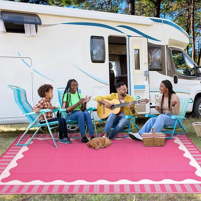 9x12 Outdoor Rug Waterproof Foldable Plastic Straw Carpet for Patio Porch Scalloped Border Reversible Mat Lightweight Floor Mat for Picnic, Backyard, Rv, Beach, Deck, Camper, Balcony，Grey