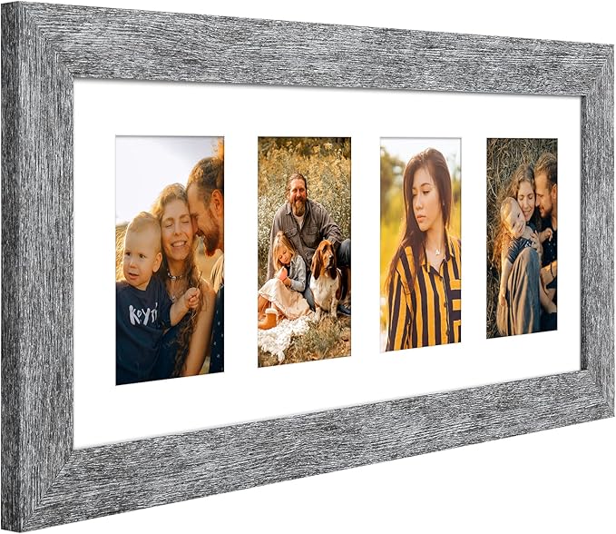 8x20 Picture Frame Display 4 opening 4X6 Picture Frame Collage,Multi Photo Frame with Mat,Plexiglass,Wall or Tabletop Decor,Grey Wood Grain