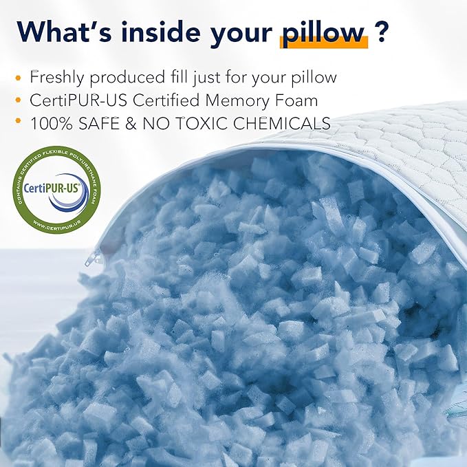 QUTOOL Cooling Pillow for Sleeping, CertiPUR-US Shredded Memory Foam Standard Pillow Set of 1, Cool Pillow for Hot Sleepers Adjustable Firm Pillow for Side,Back,Stomach Sleepers Soft Yet Support,White