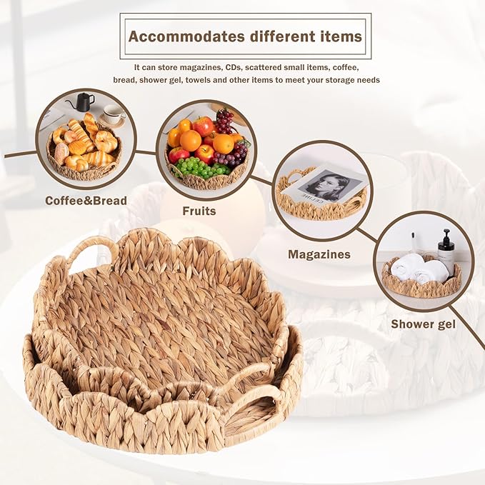 2-Pack Wicker Basket Tray, Round Serving Tray with Handles, Rattan Woven Decorative Tray, Natural Water Hyacinth Scalloped Tray for Home Decor and Desk Organizer
