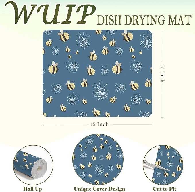 Bee Dish Drying Mats for Kitchen Counter, Bee Lovers Gifts, Cute Navy Blue Floral Honeybee Absorbent Reversible Coffee Bar Mat Drying Pad for Kitchen Decor, 12x15 Inch