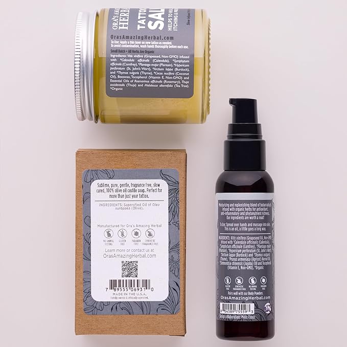 All The Tattoo Aftercare Set, Tattoo Salve, Oil & Soap, Natural Tattoo Aftercare Set, Balm, Moisturizer, Made in the USA, Ora's Amazing Herbal