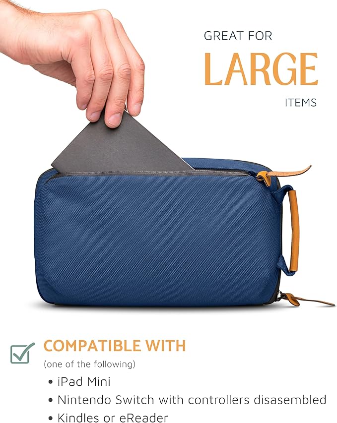 TRIPPED Travel Gear Tech Bag Organizer - Small Electronics Organizer Pouch for Travel - Premium Travel Case with Leather Accents - Mesh Pocket for Cables, Cords and Chargers (Navy)