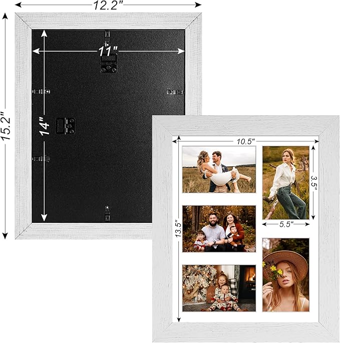 11x14 Picture Frame Display 5 opening 4X6 Picture Frame Collage,Multi Photo Frame with Mat,Plexiglass,Wall or Tabletop Decor,Distressed White Wood Grain