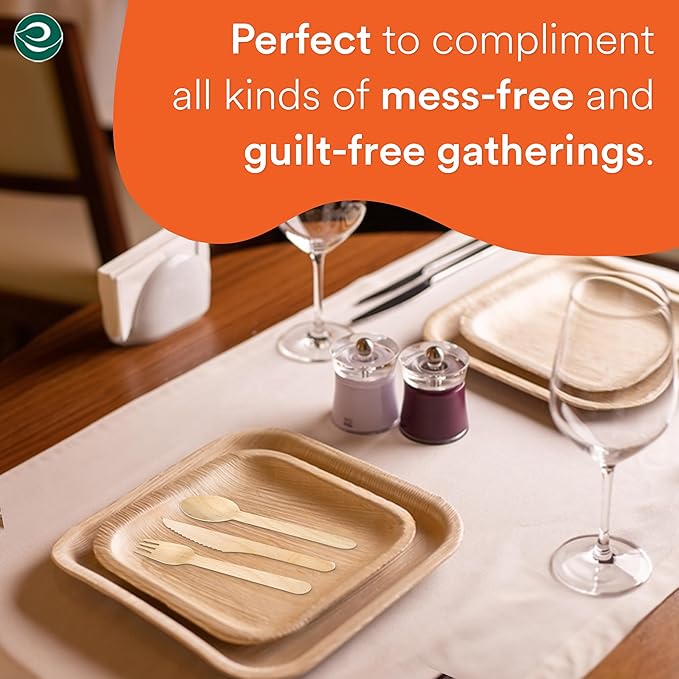ECO SOUL 100% Compostable Palm Leaf Dinnerware Set of 250 For 50 Guests [10", 6" Square plates, Fork, Knife, Spoon, 50 Count each] | Biodegradable Disposable Utensils for Wedding, Parties, BBQ