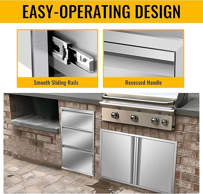Outdoor Kitchen Drawers Stainless Steel 17W X 30H X 21D Inch, Flush Mount Triple BBQ Island Drawers with Hidden Handle for Outdoor Kitchens, Patio or Grill Station
