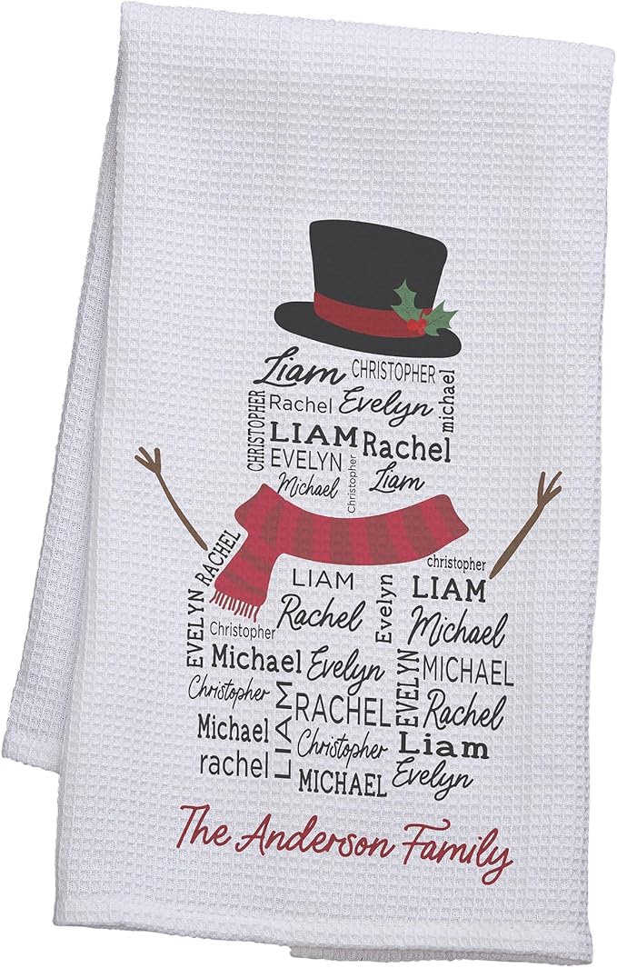 Personalization Universe Personalized Snowman Repeating Name Christmas Waffle Weave Kitchen Towel - Classic Christmas Kitchen Decor with Custom Family Names, Cute Holiday Dish Towel