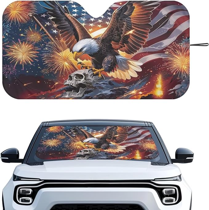 4th of July Windshield Sun Shade Foldable Universal US Flag Eagle Car Windshield Sunshade Reflective Sun Visor Blocks for UV and Heat Sun Visor Protector Accessories for Cars Truck SUV