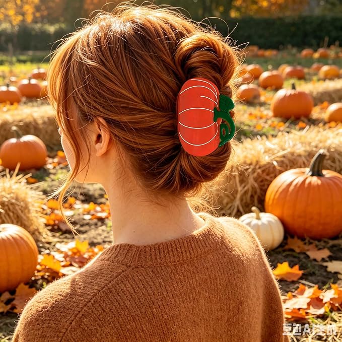 Cute Pumpkin Hair Clips for Women Fall Hair Claw Clips Vegetable Jaw Clips | Orange Pumpkin Hair Clamp with Lines Leaf Thanksgiving Day Hair Barrettes Autumn Winter Daily Holiday Hairstyle Accessory