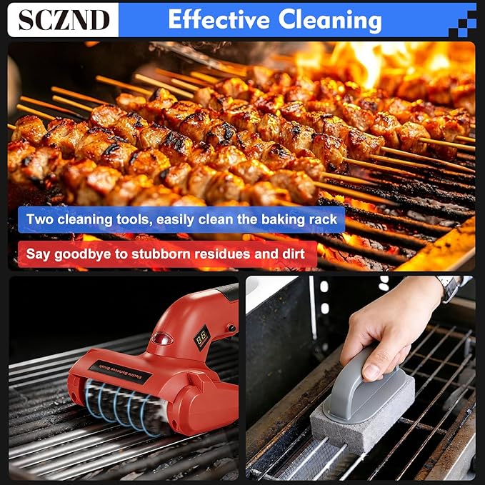 Upgraded Electric Grill Brush, Cordless Rechargeable BBQ Grill Cleaner with 2 Stainless Steel Head, 1 Cleaning Stone, IPX3 Waterproof, Safety Lock & LED Light for Outdoor Grill Grates