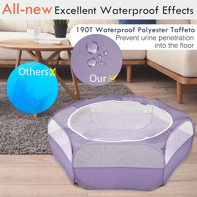 Pawaboo Small Animal Playpen with Zippered Cover, Purple | Portable pop-up pet tent for supervised rabbits, guinea pigs, chicks and kittens; water-resistant bottom and 3 metal rods