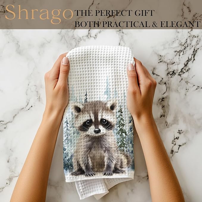 Winter Christmas Raccoon Kitchen Towels, Gifts for Raccoon Lovers Dish Tea Towels for Kitchen, Winter Pine Tree Forest Decorative Hand Towel for Kids Bathroom Decor, 16x24 Inch