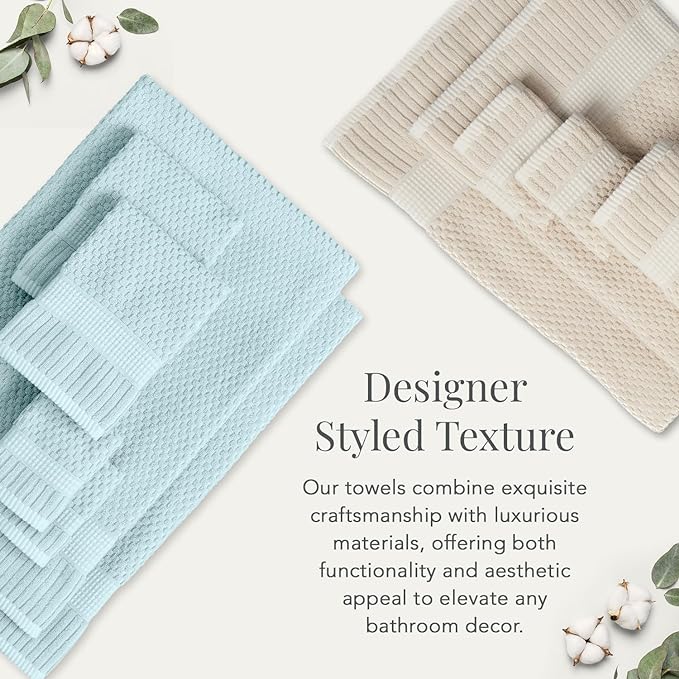 NY Loft 100% Cotton Towel Set 6 Piece | Super Soft & Absorbent Quick-Dry 2 Bath Towels 2 Hand Towels & 2 Washcloths |Textured and Durable Cotton | Trinity Collection (6 Piece Set, Seafoam)