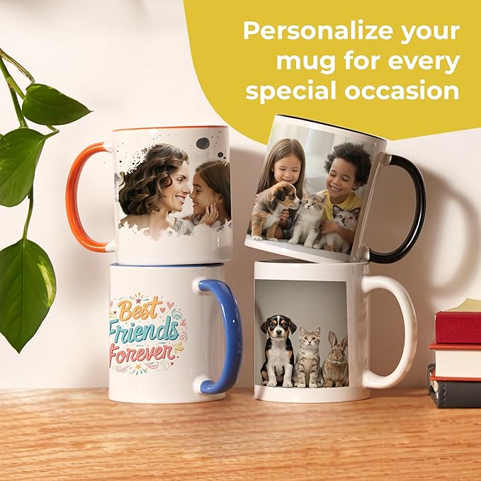 Personalized Mug, Custom Ceramic Mug with Photo and Text, 11oz, Pack of 5, Glossy Coffee Cup, Perfect for Christmas, Secret Santa or as Holiday Gift for Family or Friends, White/Yellow