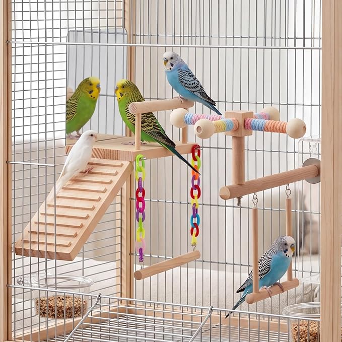 2 Pcs Bird Parakeet Toys, Bird Perch Platform Swing Mirror Ladder with 360° Spin Function, Hanging Parakeet Swing Birds Cage Accessories Toys for Cockatiel Lovebird Parrot
