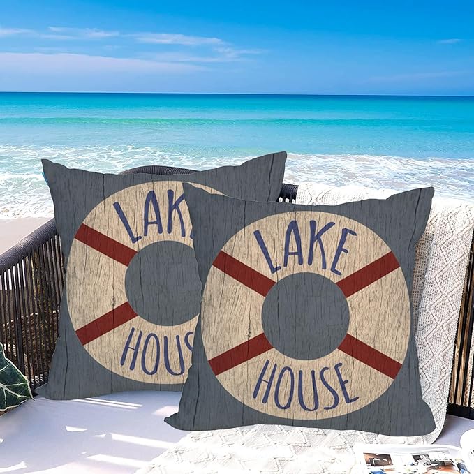 Fukeen 2 Waterproof Outdoor Lake House Pillow Covers 20x20 Inch Vintage Summer Coastal Nautical Life Buoy Throw Pillow Cases Ocean Rustic Farmhouse Decorations Cushion Cover Double Sided