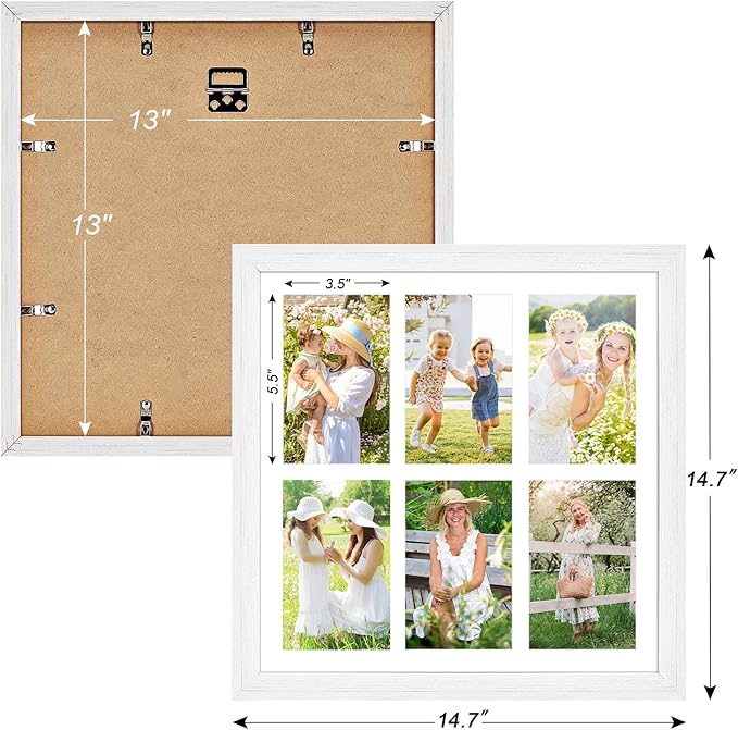 13x13 Collage frame with 6 Openings 4X6 Pictures, Multiple Picture Frame with Mat, Wall or Tabletop Decor, White Wood Grain,2 Pack