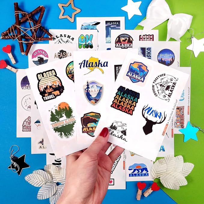 100Pcs Alaska Stickers for Water Bottles, Scrapbooking, Alaska Laptop Decals, Gifts for Women & Men