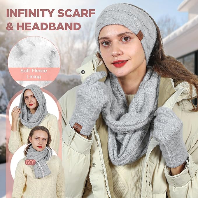 Womens Beanie Hat Infinity Scarf Touchscreen Gloves Fleece Headband 4 in 1 Winter Clothes Set Gifts for Women